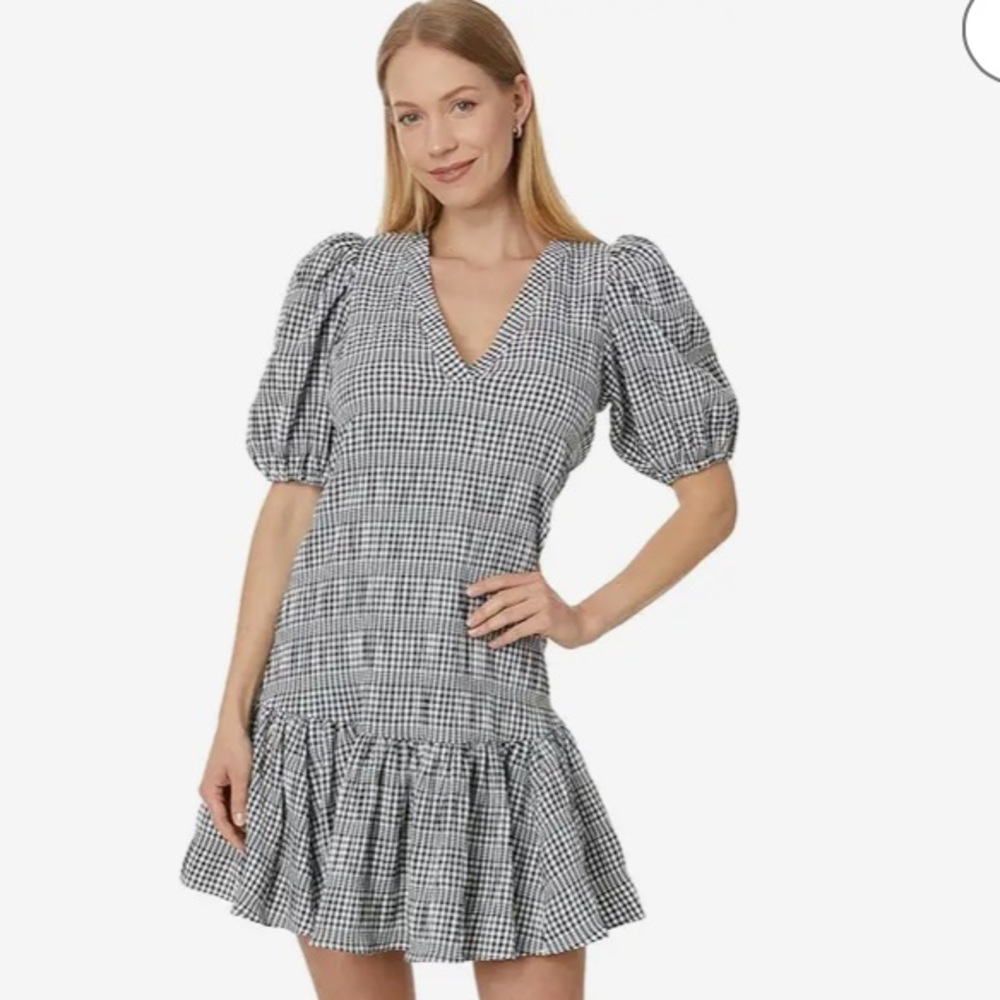 Calvin Klein Black White Plaid Houndstooth Swing Dress, Ruffled Hem, Size 4 NWT‎